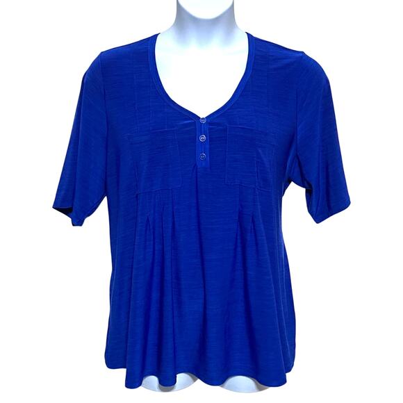 Ellie Mccarthy Tops - Elie McCarthy Blue Tunic V Neck Blouse Plus 3X Pleated Henley Flowy Stretch Boho